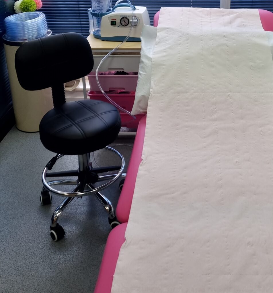 Clinic bed and equipment close up